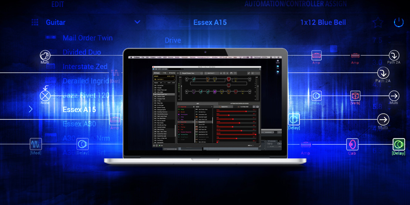 Laptop computer with Helix Native displayed on screen and Helix Native screenshot design behind it